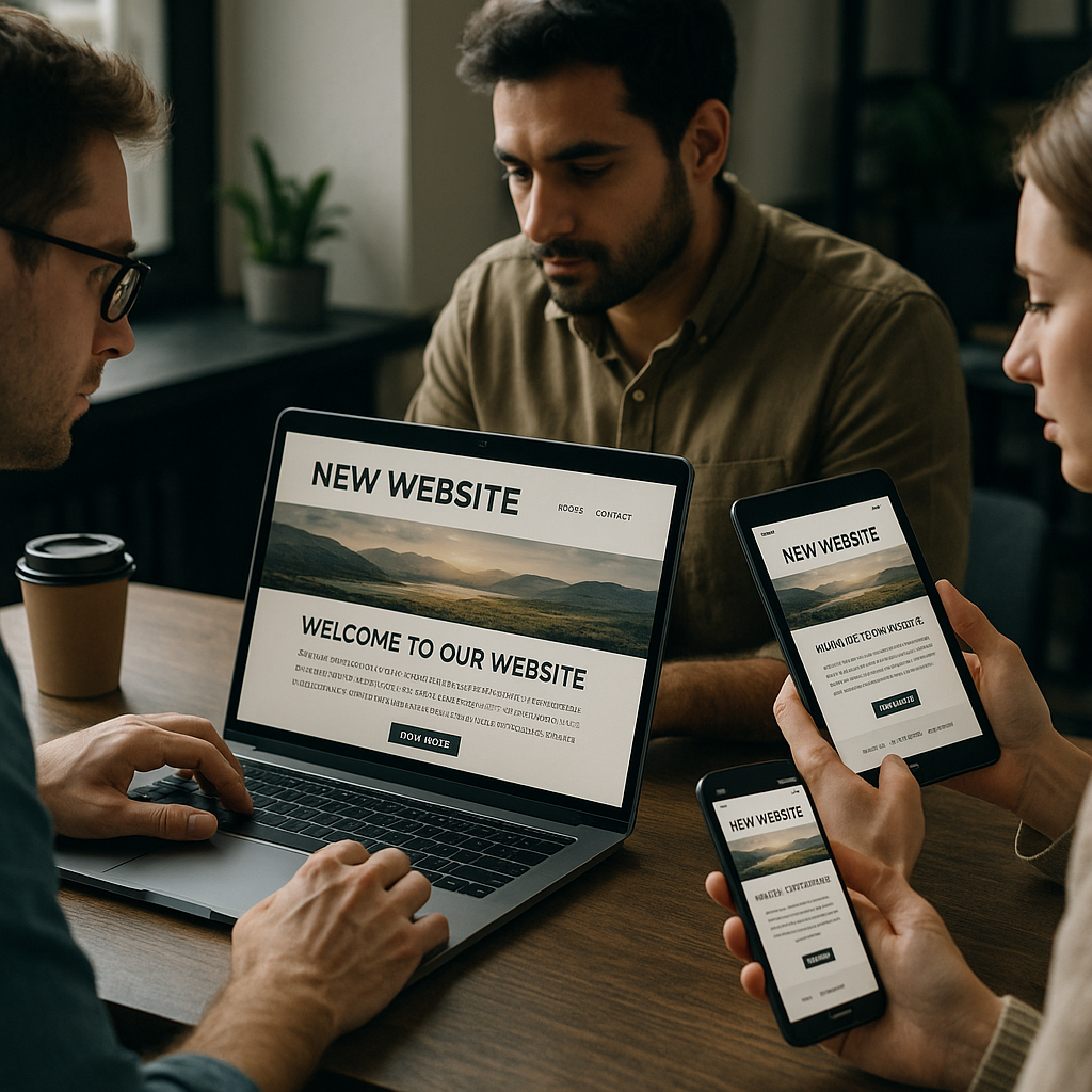 Developers checking a new build on different devices during the website design process