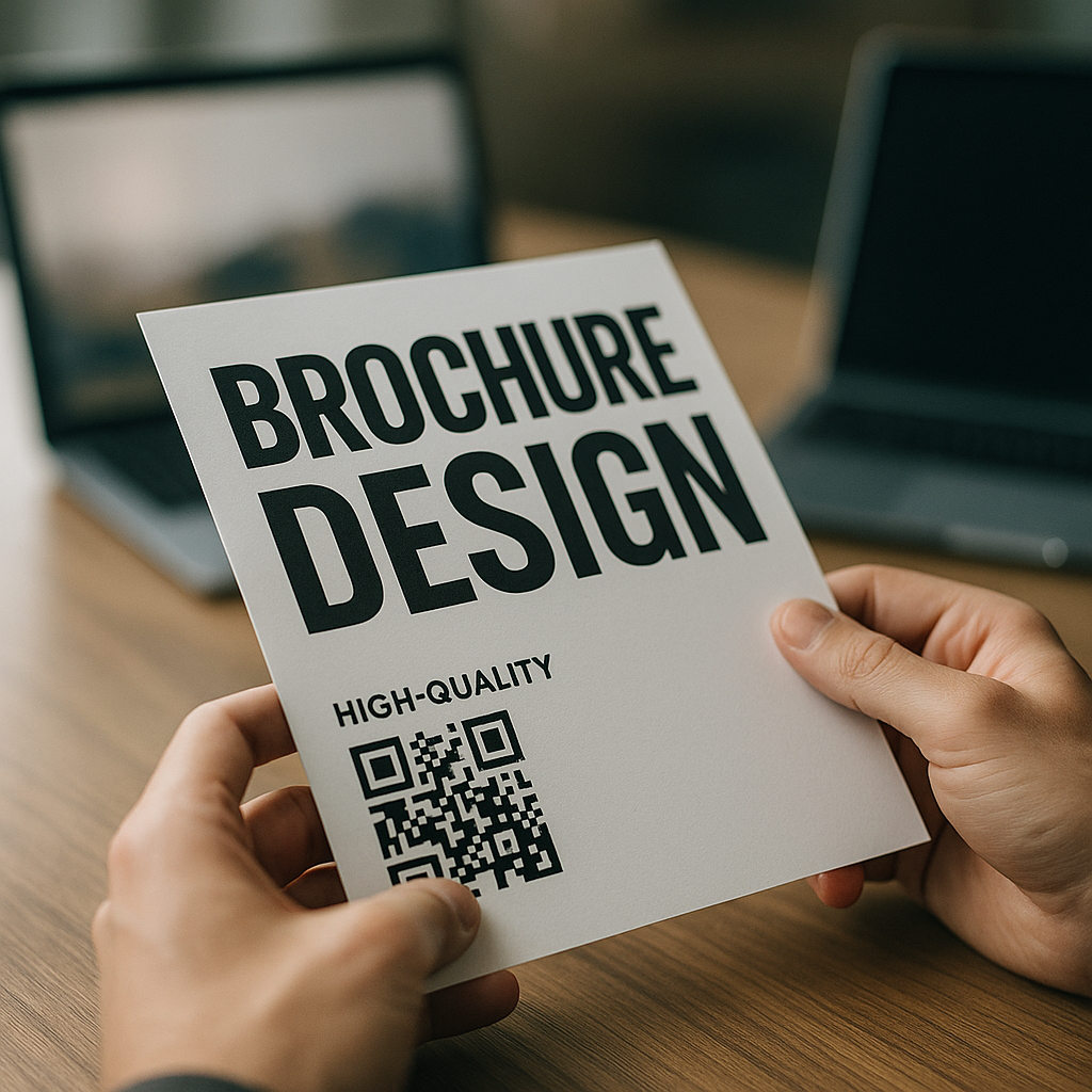 Modern brochure with QR code illustrating the hybrid future of print design connecting to digital experiences