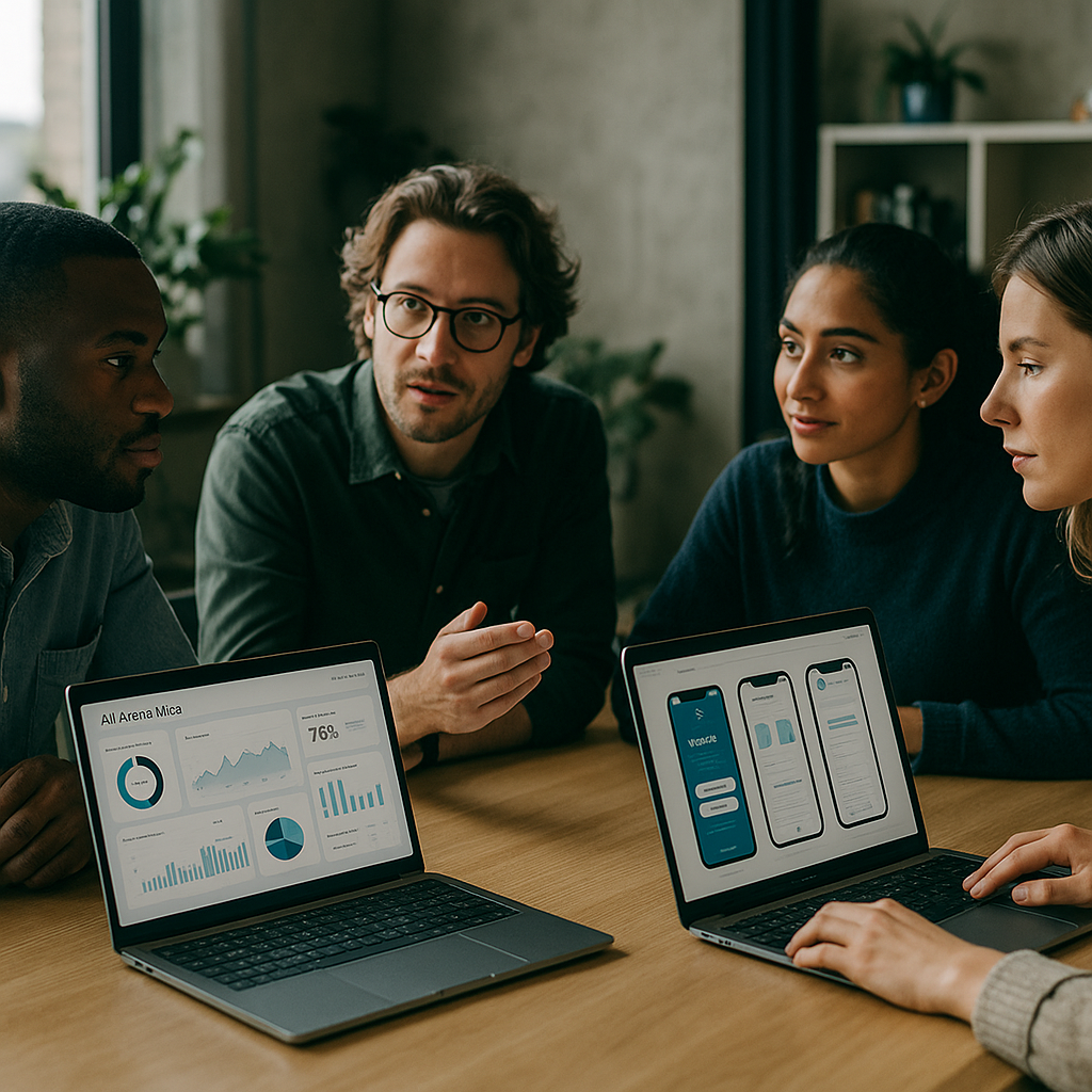 Product team reviewing prototypes enhanced by AI in UX design during a workshop