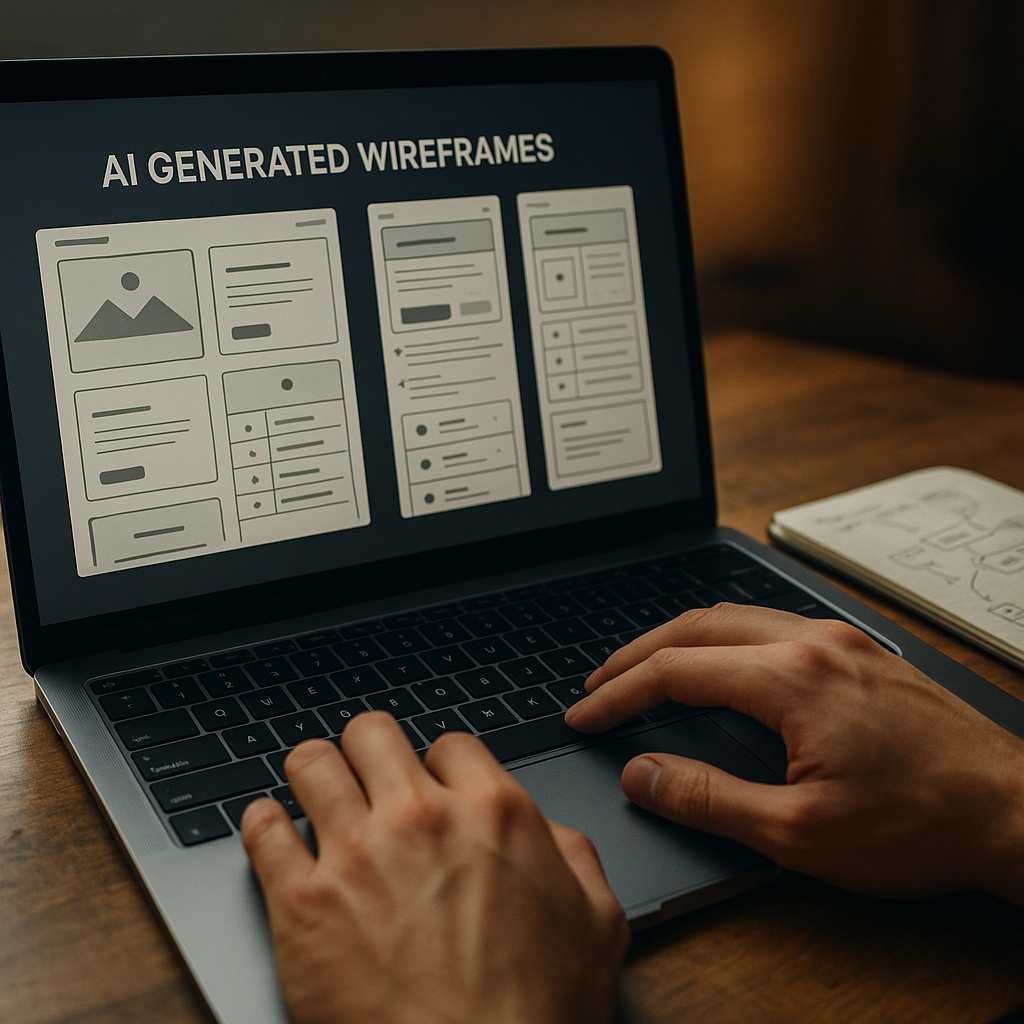 Laptop showing AI in UX design generating wireframes while a designer refines user flows