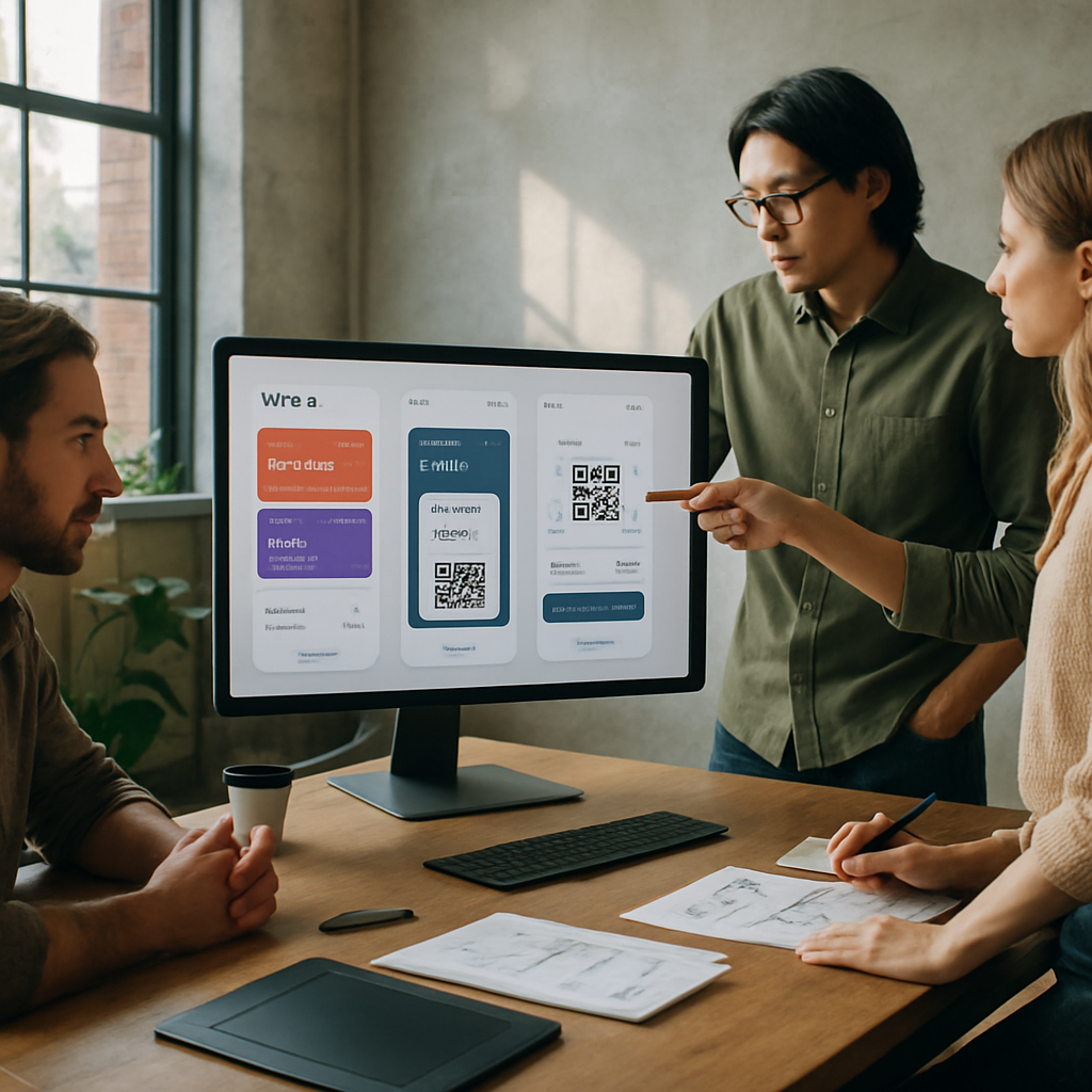 Design team refining UI layouts for digital ticket wallets in a modern studio