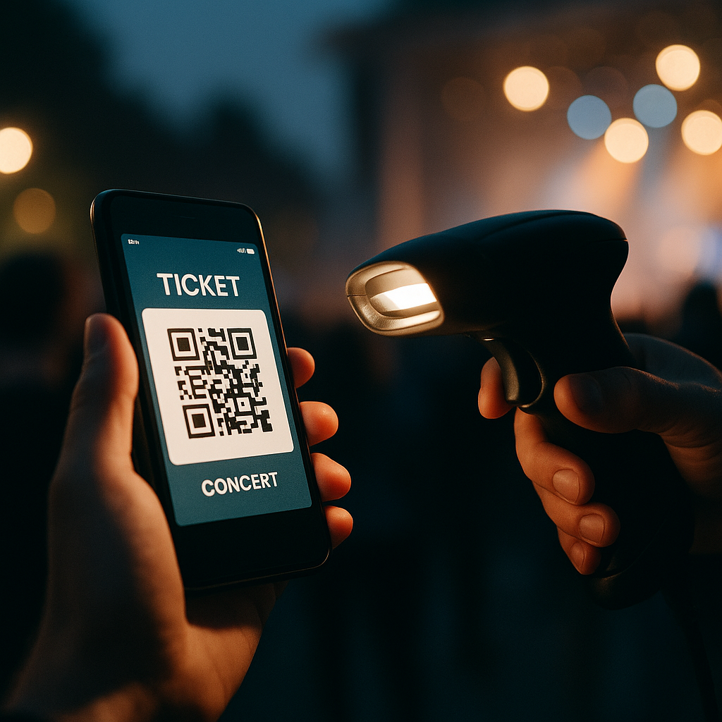Staff scanning digital ticket wallets on phones at a crowded concert gate