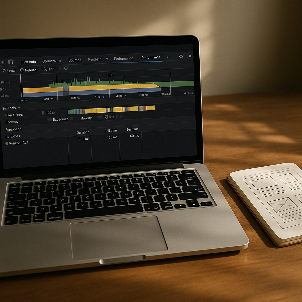 Laptop showing devtools timeline used for browser performance optimisation beside UI sketches