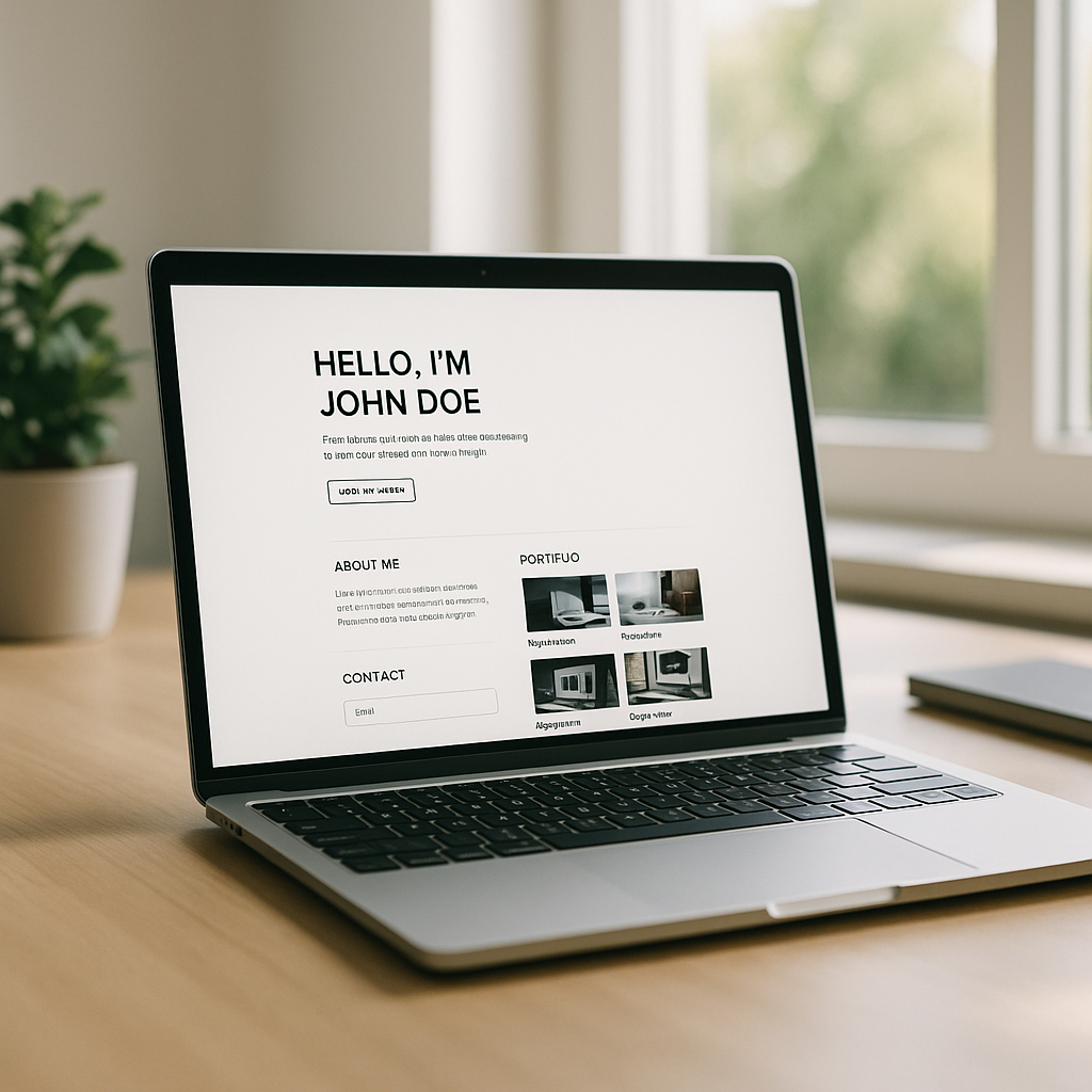 Laptop on a minimalist desk displaying micro landing pages style single page portfolio