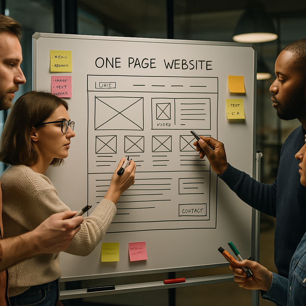 UX team sketching wireframes for micro landing pages on a whiteboard in a modern office