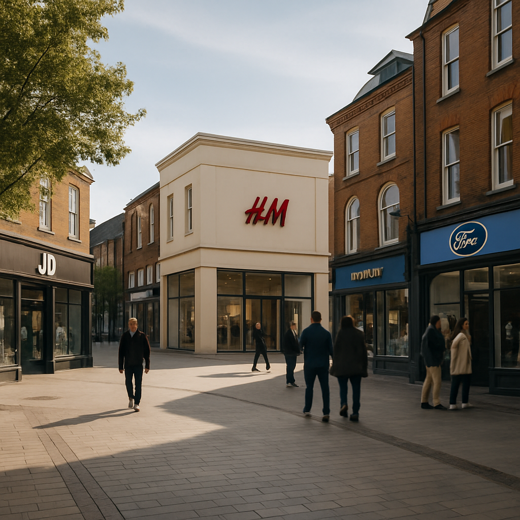 Pedestrianised town centre design showing competing signage styles and user navigation challenges