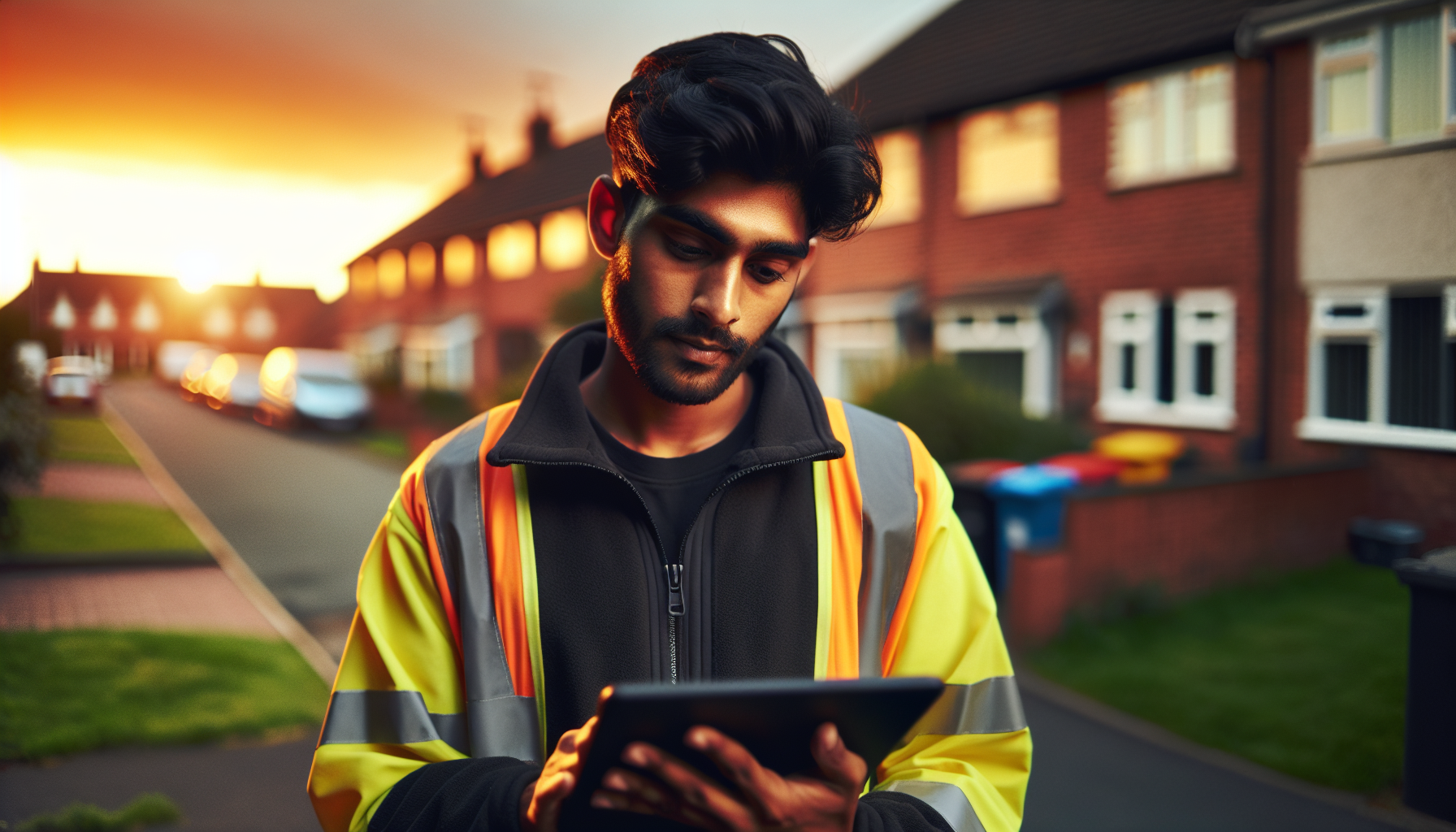 Local service worker using a tablet to check scheduling app, illustrating app design for local service businesses in the real world