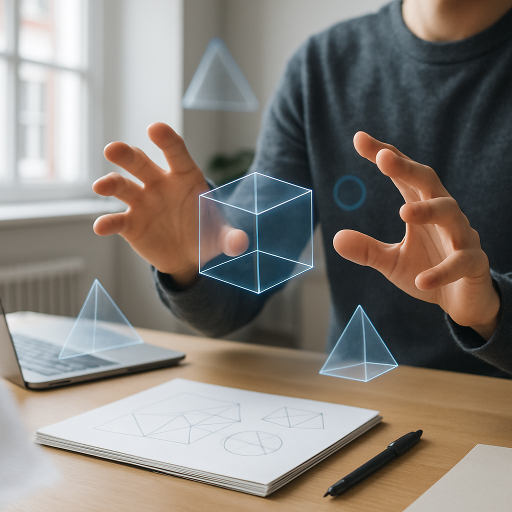 Close-up of hands interacting with spatial design for AR and VR interface elements