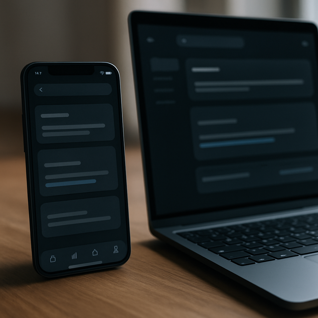 Close-up of phone and laptop showing dark mode design best practices with layered surface colours