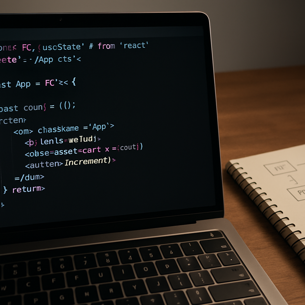 Close-up of React code with TypeScript on a laptop screen while learning React 2026 concepts