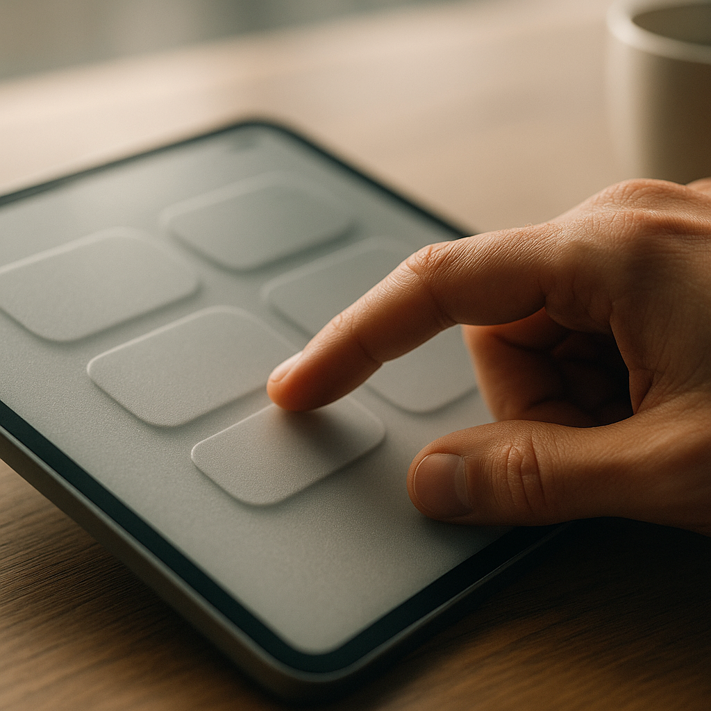 Close-up of tactile UI design trends 2026 showing embossed interface elements on a tablet screen