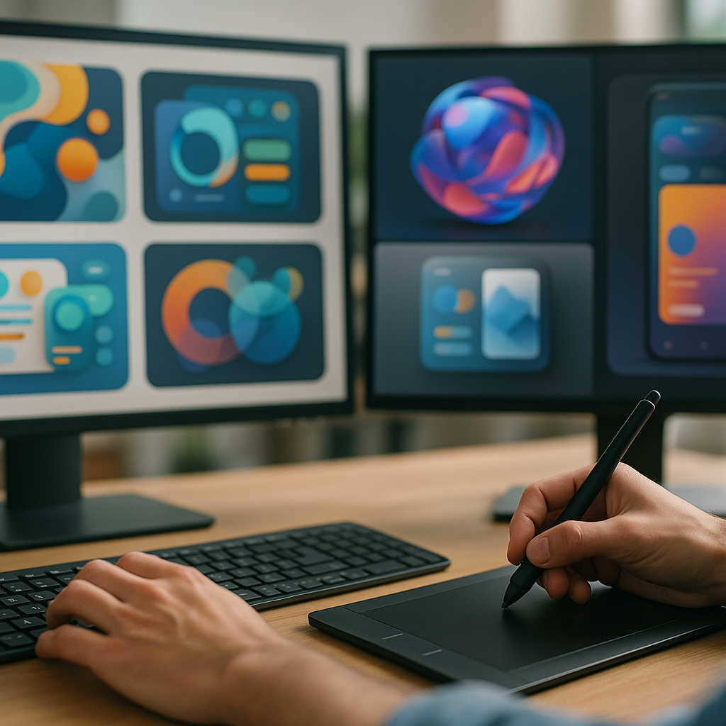 Designer reviewing AI graphic design 2026 outputs on screen close up detail shot