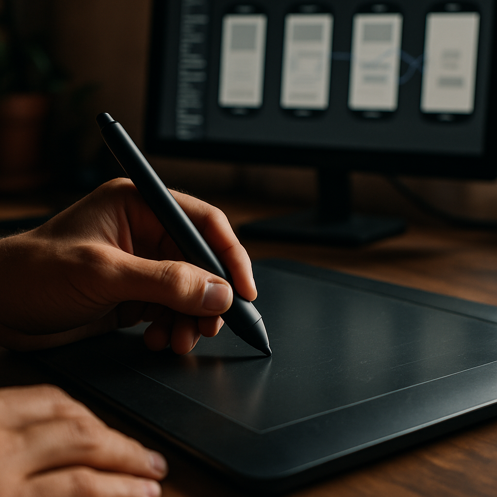 Designer using a stylus tablet for UI/UX design tools with prototype flow visible on background monitor