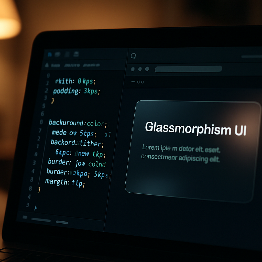 Close-up of code editor showing glassmorphism app design 2026 CSS implementation in a split screen view