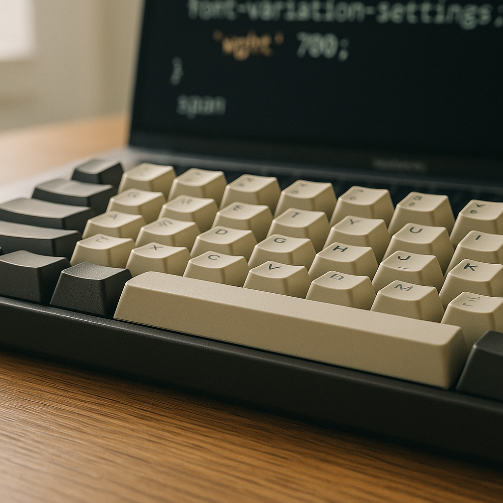 CSS code for variable fonts web development displayed on a laptop screen beside a mechanical keyboard