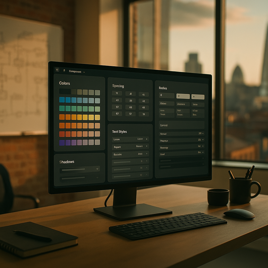 Designer working on a build design system Figma 2026 project at a modern London studio workstation