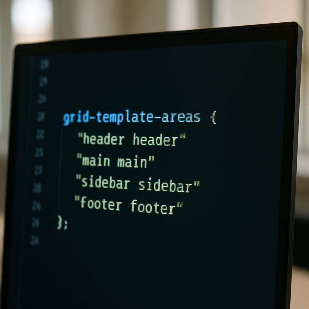 Close-up of code editor screen with CSS Grid layout declarations, illustrating CSS Grid vs Flexbox 2026 comparison
