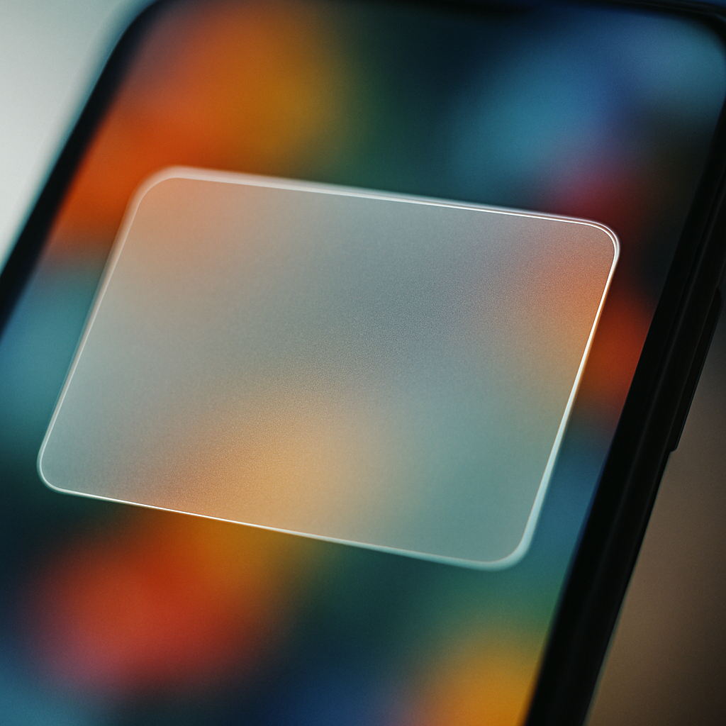 Close-up of glassmorphism UI design on a smartphone notification card with frosted translucent effect