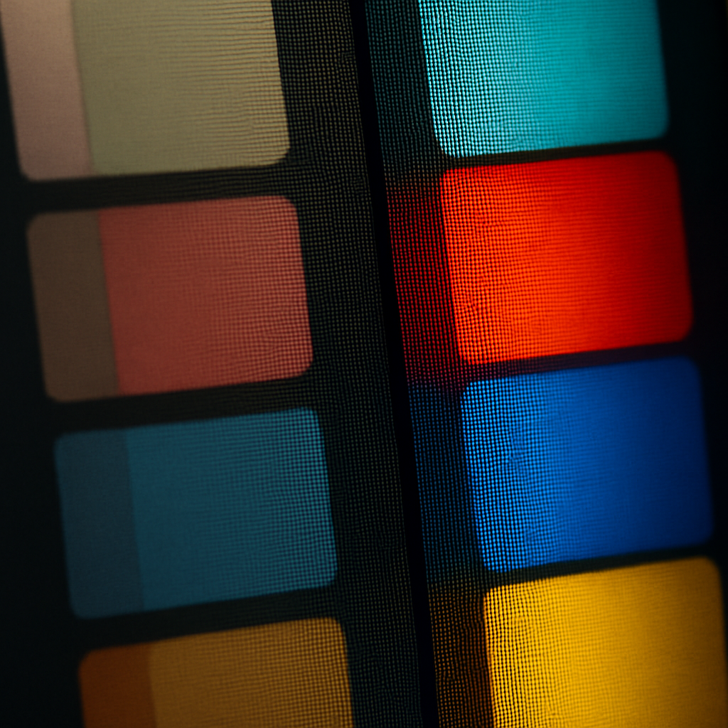 Close-up of screen showing wide-gamut colour spaces versus sRGB colour comparison