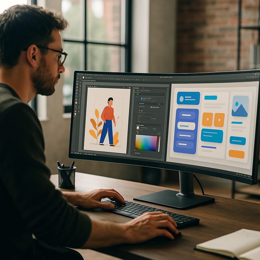 Designer working with best graphic design software 2026 on a large studio monitor setup