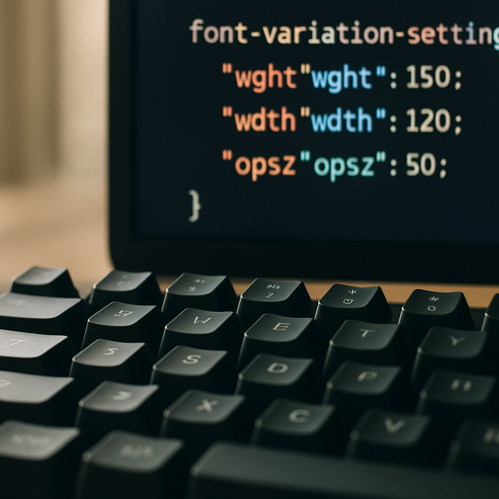 Developer coding variable fonts web design implementation with CSS font-variation-settings on screen