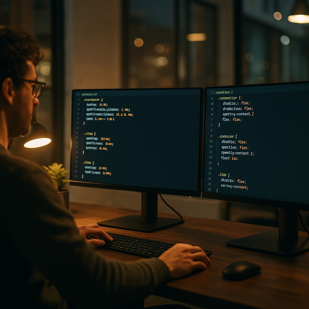 Developer's desk with code editor showing CSS Grid vs Flexbox 2026 layout patterns on screen