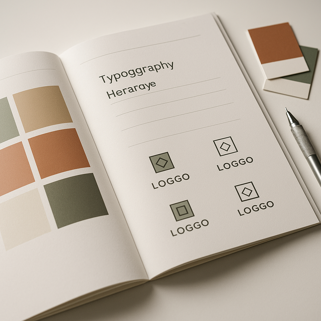 Printed brand identity style guide showing colour palette and typography created with brand identity design free tools