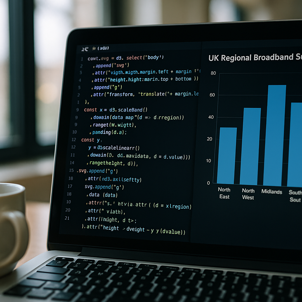 Close-up of D3.js code powering a reactive SVG data visualisation UK broadband chart on a laptop screen