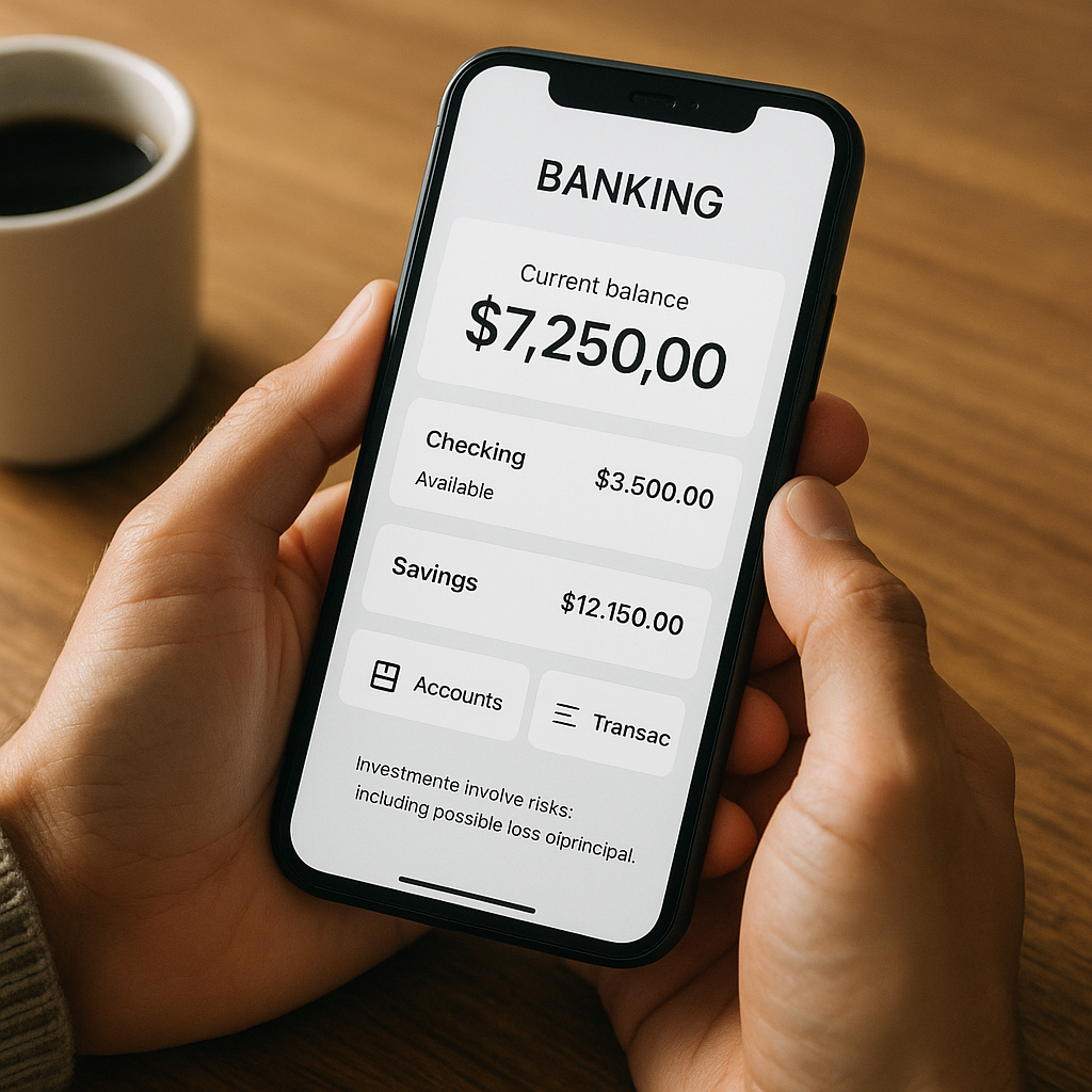 Close-up of smartphone showing fintech UX design compliance warning text in a banking app interface