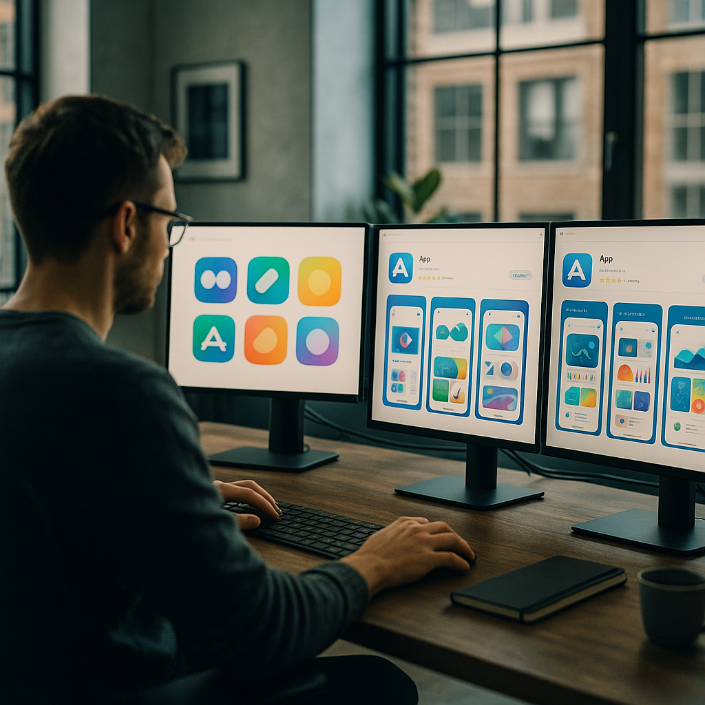 Designer reviewing app store optimisation design UK layouts across multiple monitors in a modern studio