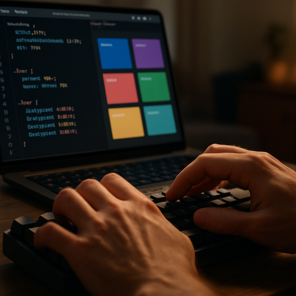 Developer coding a bento grid UI design in CSS on laptop in UK flat setting
